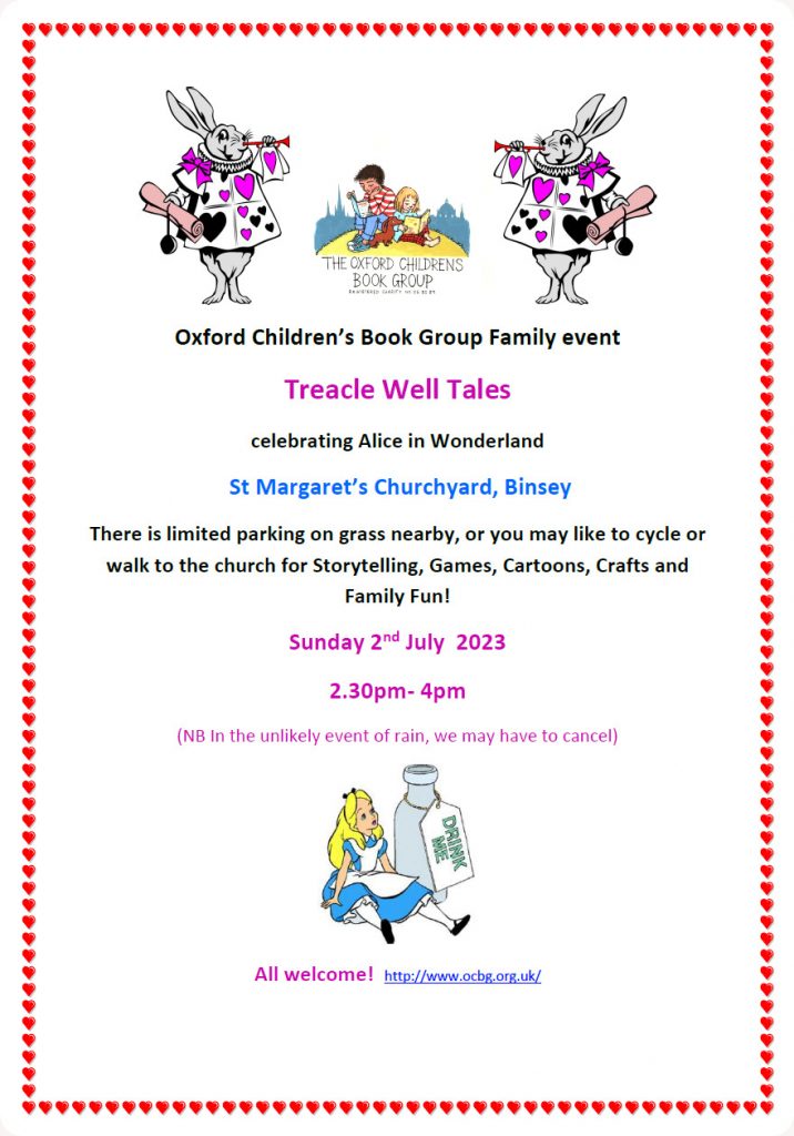 Poster for family event Treacle Well Tales celebrating Alice in Wonderland Sunday 2nd July 2023